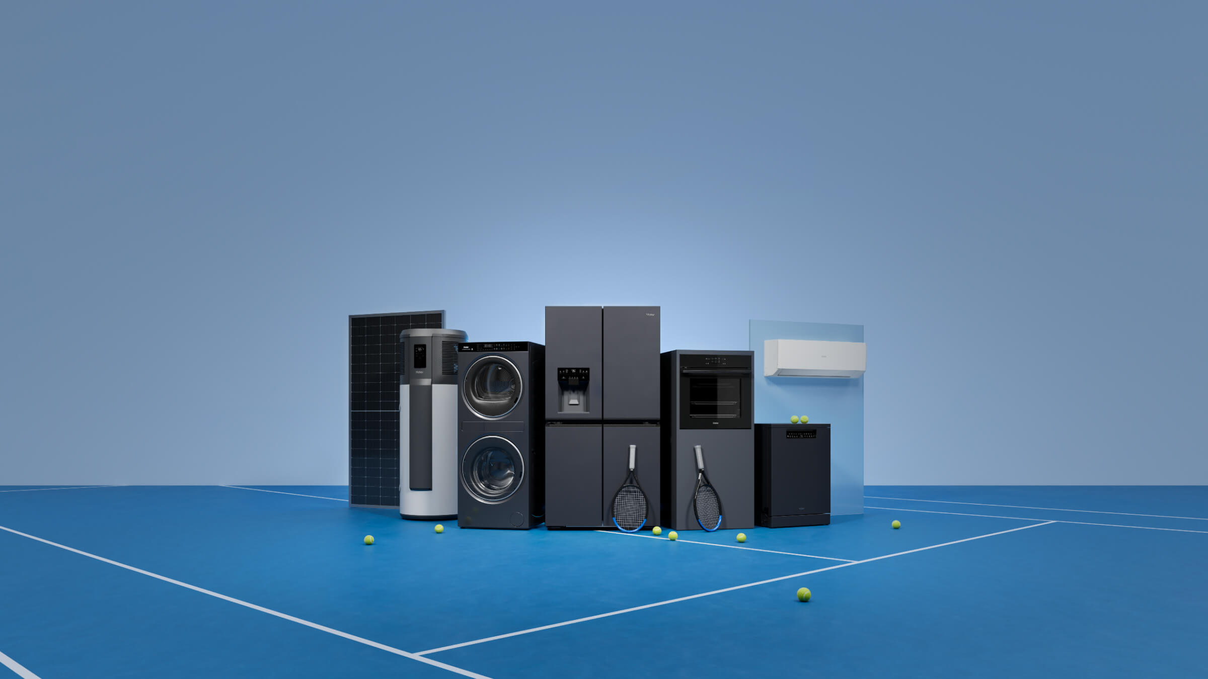 haier tennis sponsorship images with tennis rackets and balls